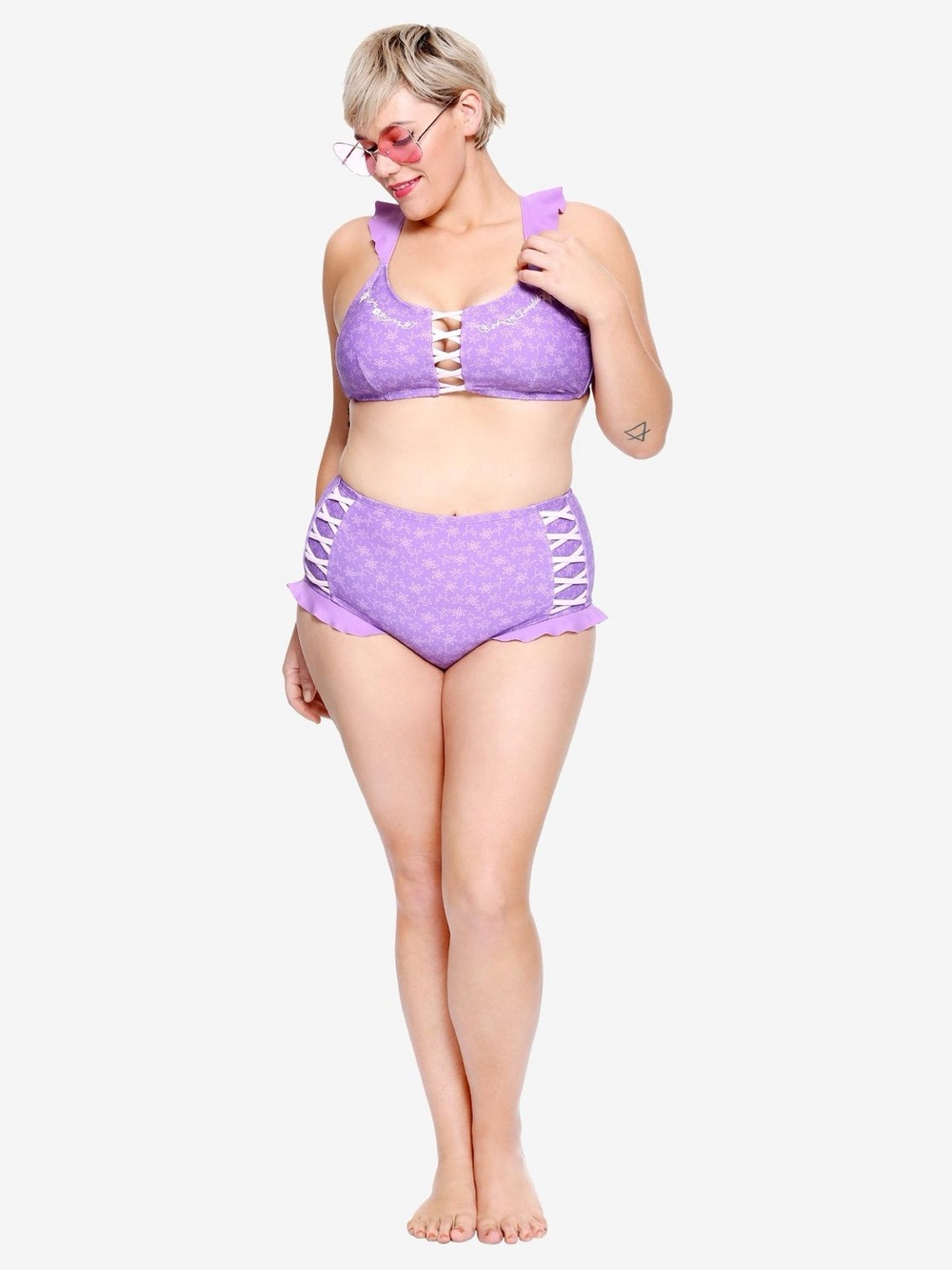 Disney Tangled Rapunzel Bikini Swimsuit Womens XXL Purple Lace-Up Flower